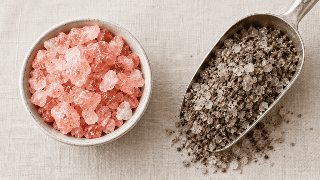 Food-grade pink rock salt next to brown de-icing grit salt