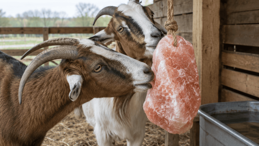 Goats using a Himalayan salt lick hung under a shelter