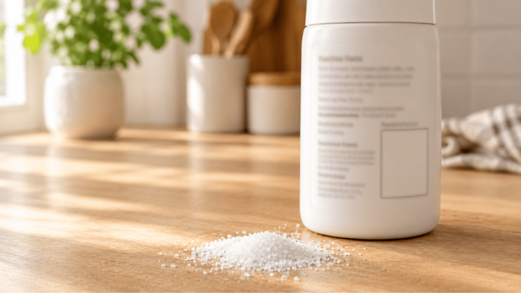Close-up of a salt label showing iodized salt ingredients