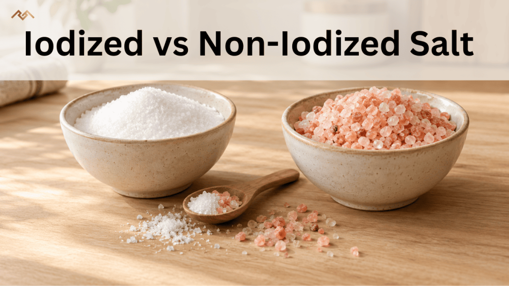 Iodized table salt and non-iodized Himalayan pink salt in two bowls