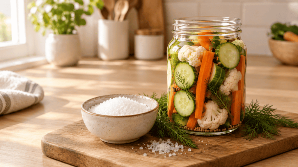 Jar of pickled vegetables in clear brine made with non-iodized salt