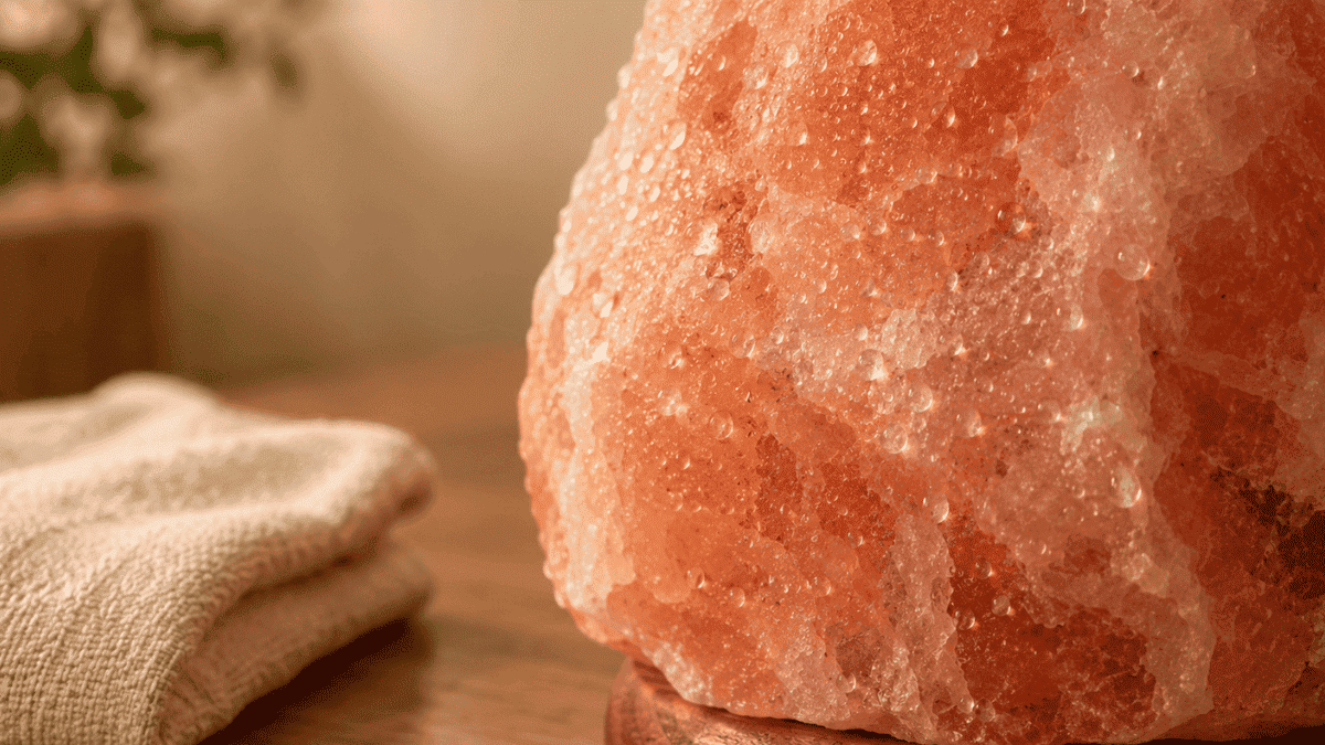 Water droplets on a Himalayan salt lamp in humid air