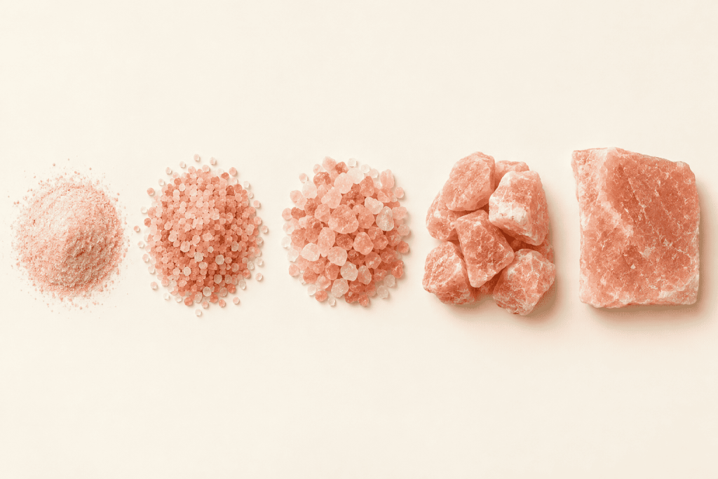 Rock salt grain sizes from fine powder to large chunks